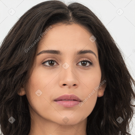 Joyful asian young-adult female with long  brown hair and brown eyes