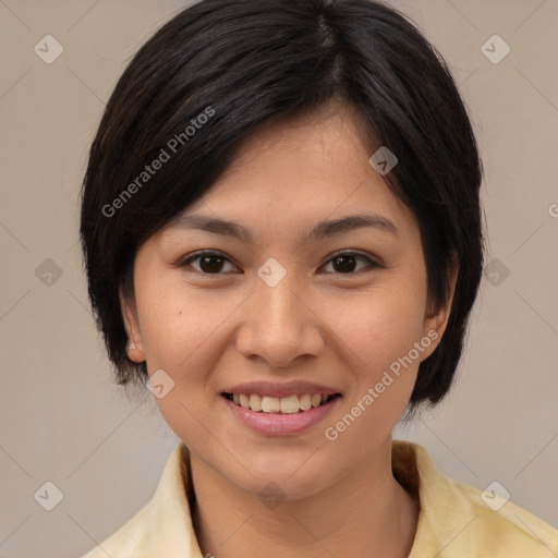 Joyful white young-adult female with medium  brown hair and brown eyes