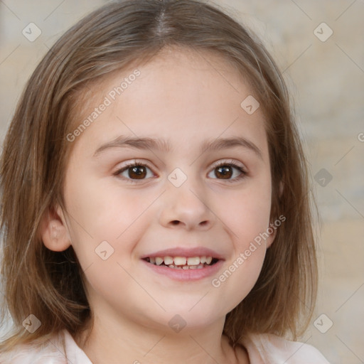 Joyful white child female with medium  brown hair and brown eyes