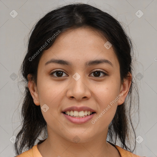 Joyful white young-adult female with medium  brown hair and brown eyes