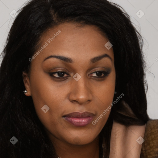 Joyful asian young-adult female with long  brown hair and brown eyes