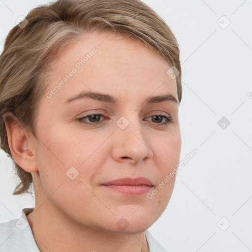 Neutral white young-adult female with medium  brown hair and brown eyes