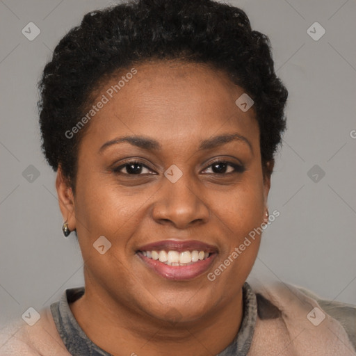 Joyful black adult female with short  brown hair and brown eyes