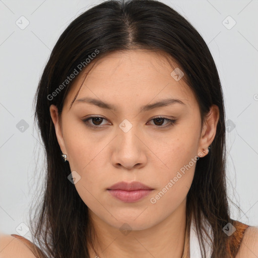 Neutral asian young-adult female with medium  brown hair and brown eyes