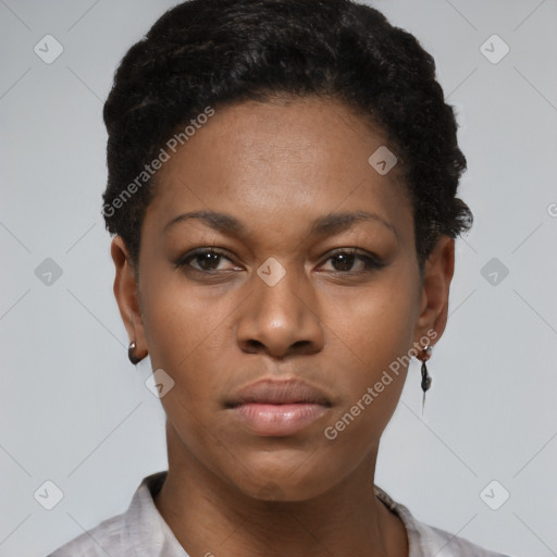 Neutral black young-adult female with short  black hair and brown eyes