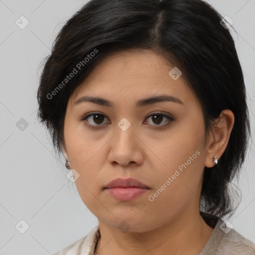 Neutral asian young-adult female with medium  brown hair and brown eyes