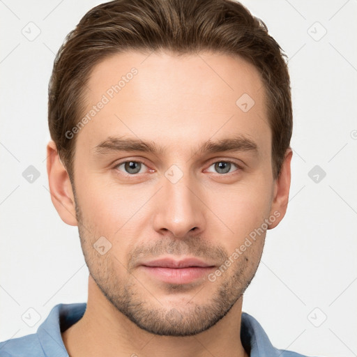 Neutral white young-adult male with short  brown hair and grey eyes