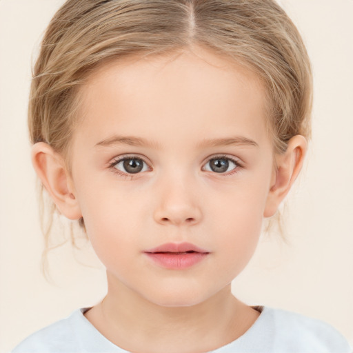 Neutral white child female with medium  brown hair and grey eyes