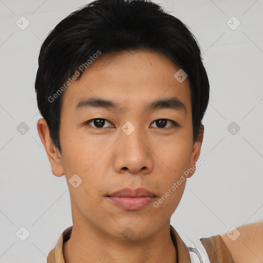 Neutral asian young-adult male with short  black hair and brown eyes