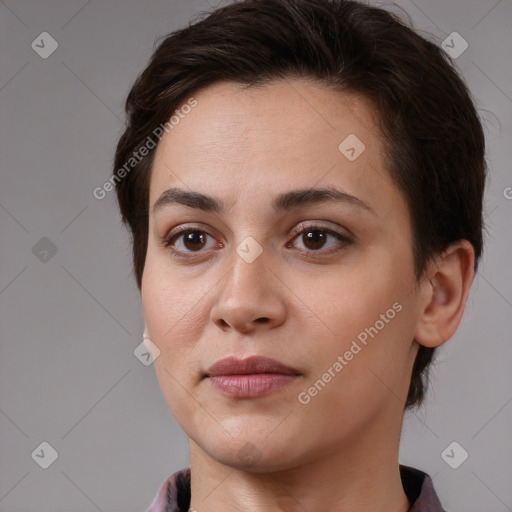 Joyful white young-adult female with short  brown hair and brown eyes