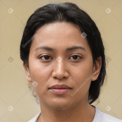 Neutral asian young-adult female with medium  brown hair and brown eyes