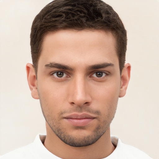 Neutral white young-adult male with short  brown hair and brown eyes