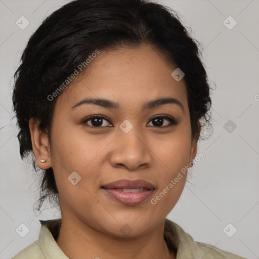 Joyful latino young-adult female with medium  brown hair and brown eyes