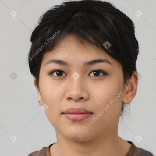 Neutral asian young-adult female with short  brown hair and brown eyes