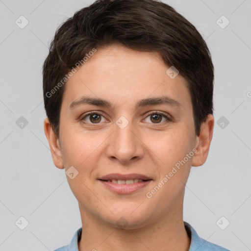 Joyful white young-adult female with short  brown hair and brown eyes