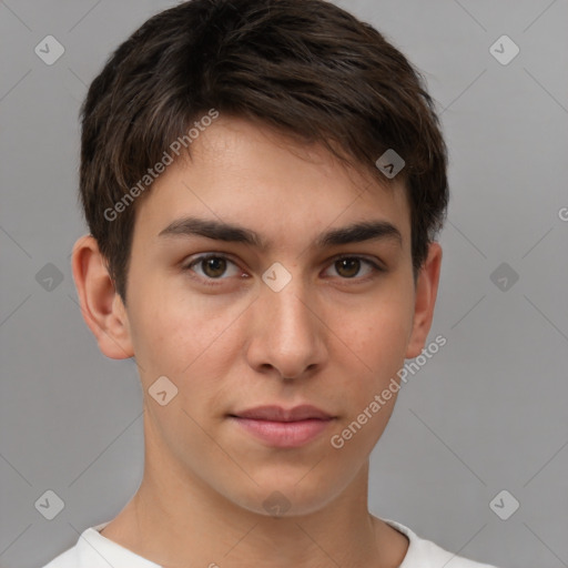 Neutral white young-adult male with short  brown hair and brown eyes