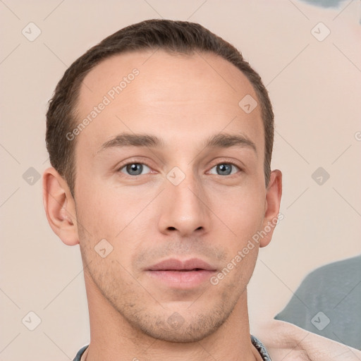 Neutral white young-adult male with short  brown hair and grey eyes