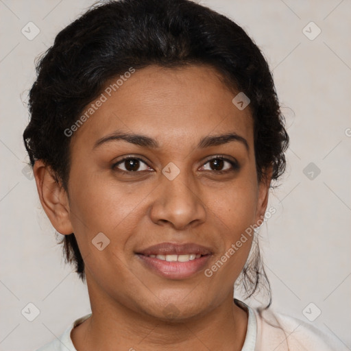 Joyful latino young-adult female with short  brown hair and brown eyes