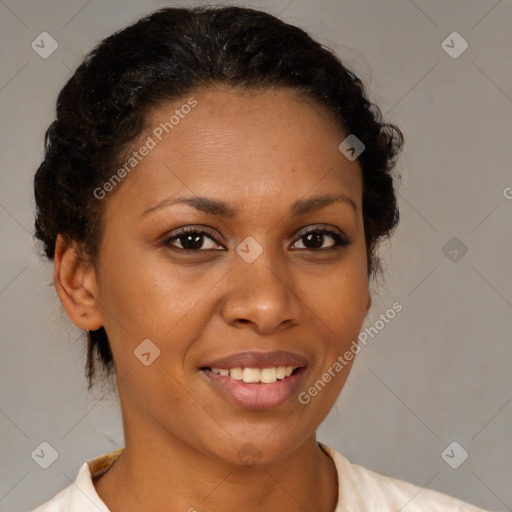 Joyful latino young-adult female with short  brown hair and brown eyes