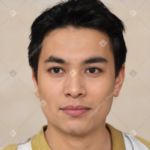 Neutral asian young-adult male with short  black hair and brown eyes