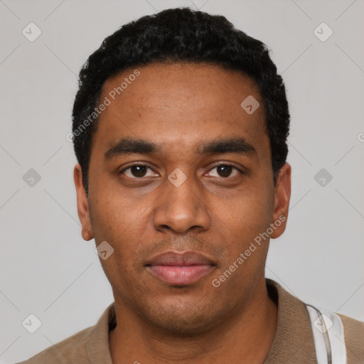 Neutral black young-adult male with short  black hair and brown eyes