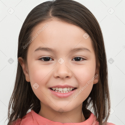 Joyful white child female with medium  brown hair and brown eyes