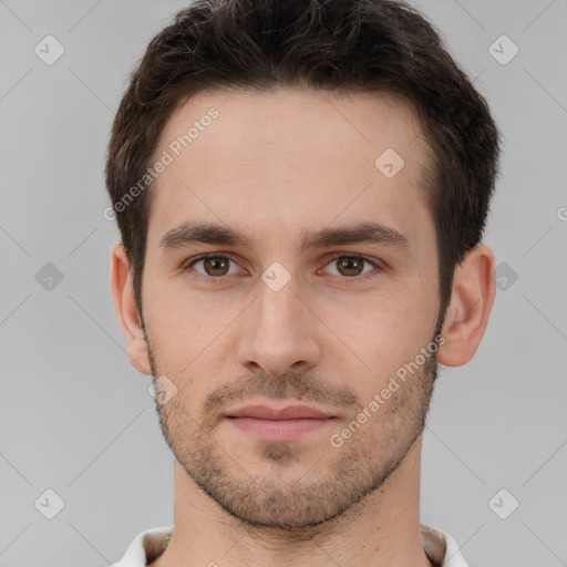 Neutral white young-adult male with short  brown hair and brown eyes