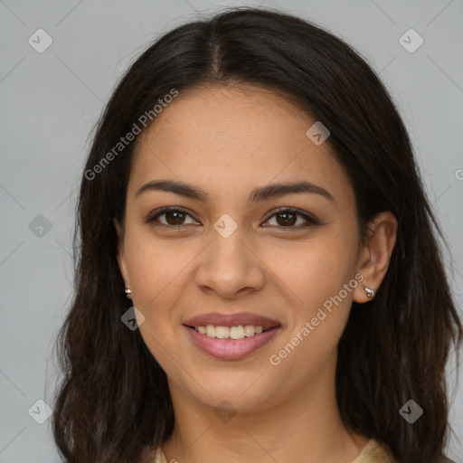 Joyful latino young-adult female with long  brown hair and brown eyes