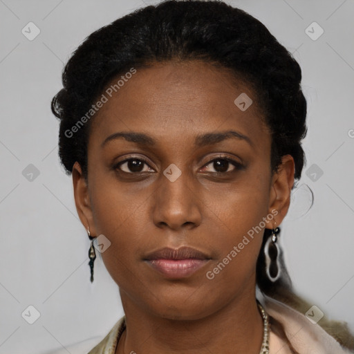 Neutral black young-adult female with short  black hair and brown eyes