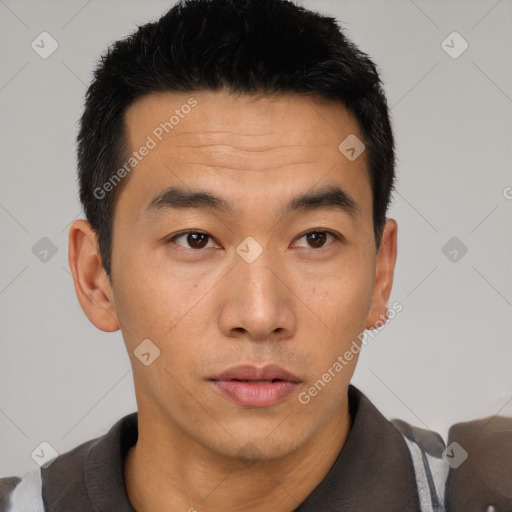 Neutral asian young-adult male with short  black hair and brown eyes