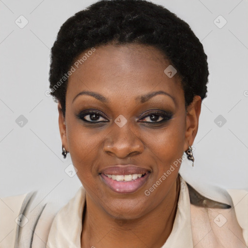 Joyful black young-adult female with short  black hair and brown eyes