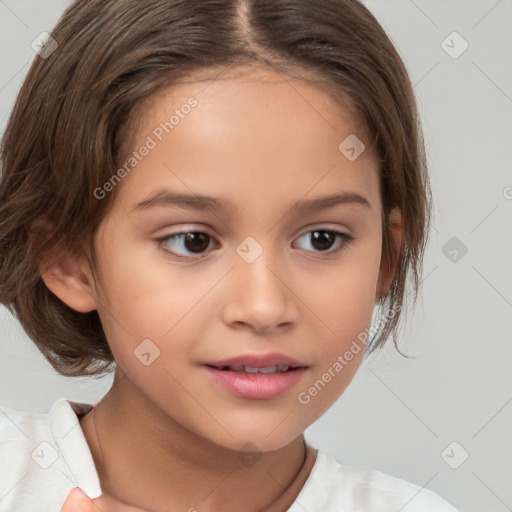 Joyful white child female with medium  brown hair and brown eyes