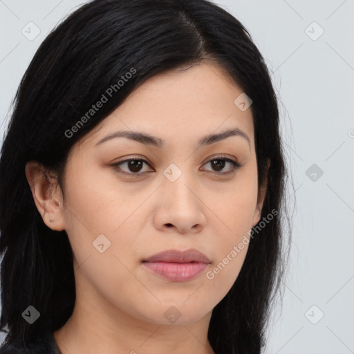 Joyful asian young-adult female with long  brown hair and brown eyes