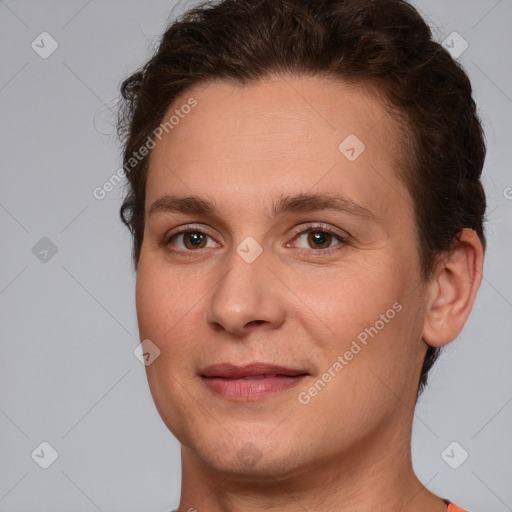 Joyful white young-adult female with short  brown hair and brown eyes