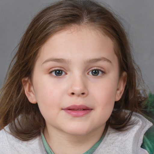 Neutral white child female with medium  brown hair and blue eyes