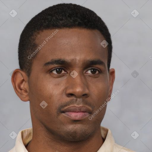 Neutral latino young-adult male with short  brown hair and brown eyes