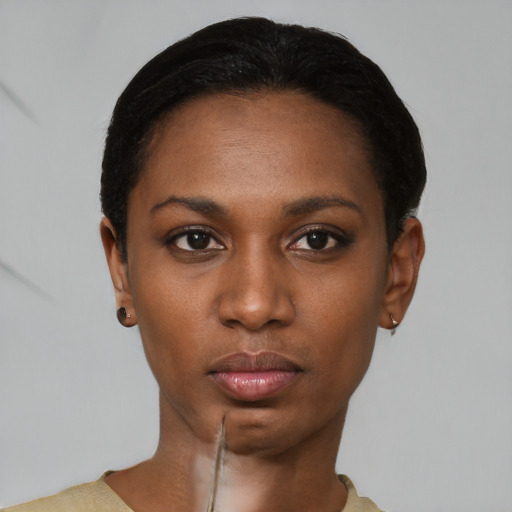 Neutral black young-adult female with short  black hair and brown eyes