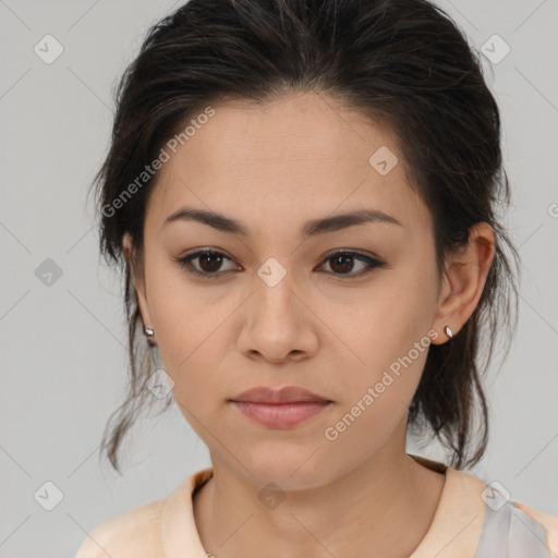 Neutral asian young-adult female with medium  brown hair and brown eyes