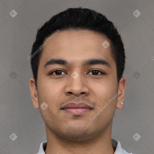 Neutral latino young-adult male with short  black hair and brown eyes