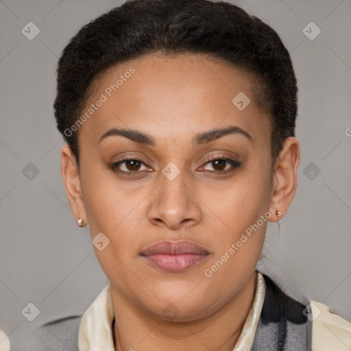 Joyful latino young-adult female with short  brown hair and brown eyes