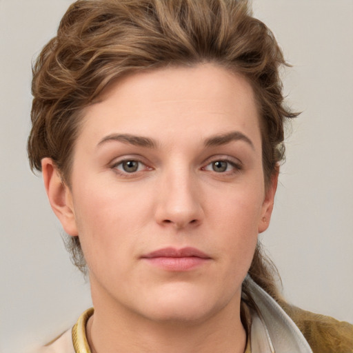 Neutral white young-adult female with short  brown hair and brown eyes