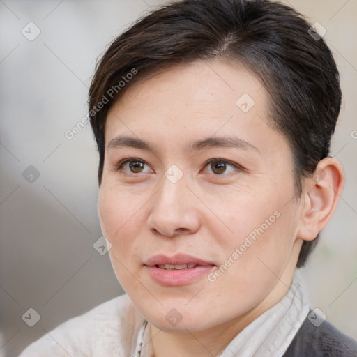 Joyful white adult female with medium  brown hair and brown eyes