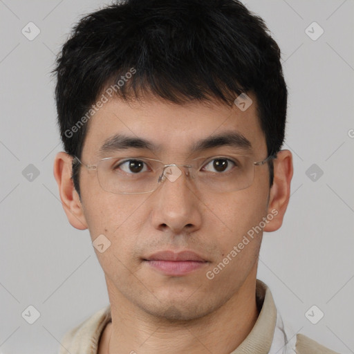 Neutral asian young-adult male with short  brown hair and brown eyes