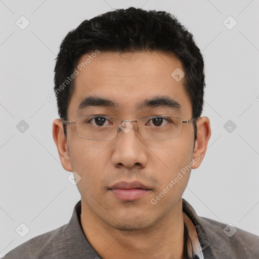 Neutral asian young-adult male with short  black hair and brown eyes