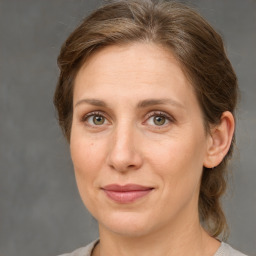 Joyful white adult female with medium  brown hair and grey eyes