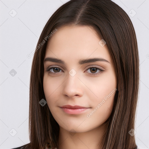 Neutral white young-adult female with long  brown hair and brown eyes