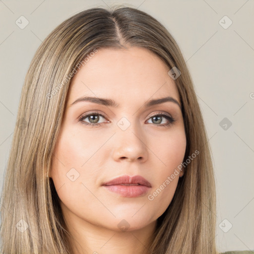 Neutral white young-adult female with long  brown hair and brown eyes