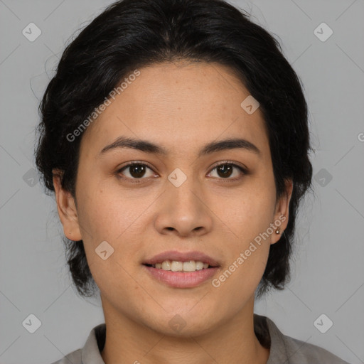 Joyful asian young-adult female with medium  black hair and brown eyes