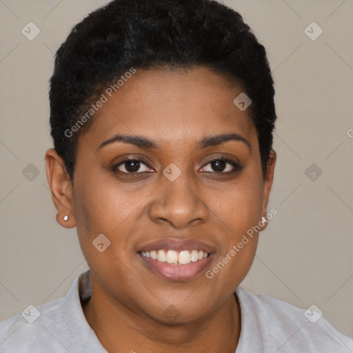 Joyful black young-adult female with short  black hair and brown eyes