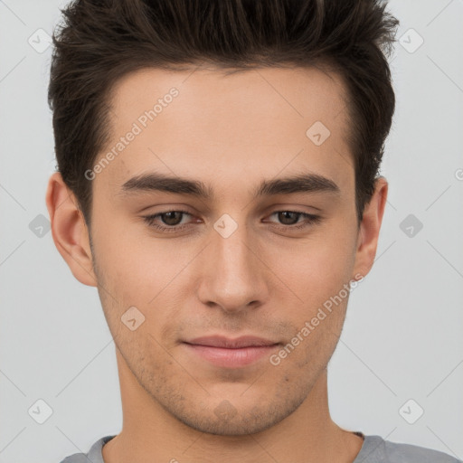 Neutral white young-adult male with short  brown hair and brown eyes